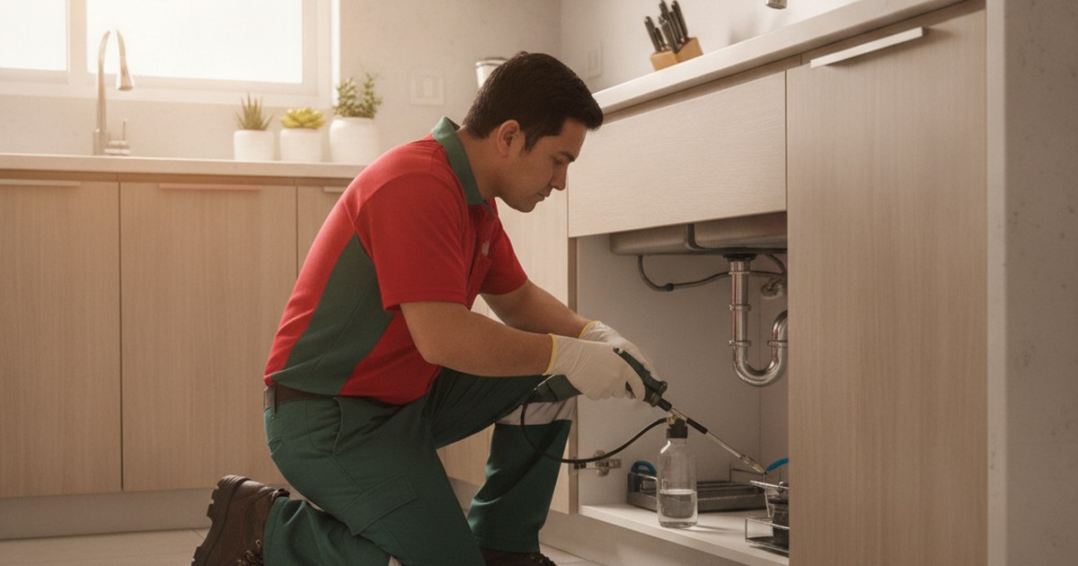 Técnico de Talanton aplicando control de plagas en una cocina